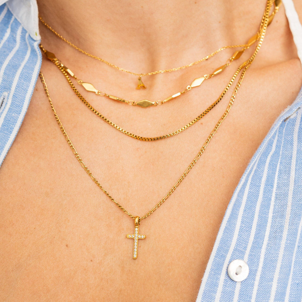 Waterproof Gold Diamond Cross Pendant Necklace