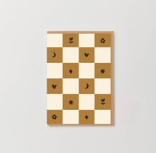 Load image into Gallery viewer, Ochre checkerboard notecard with hearts, flowers, moons
