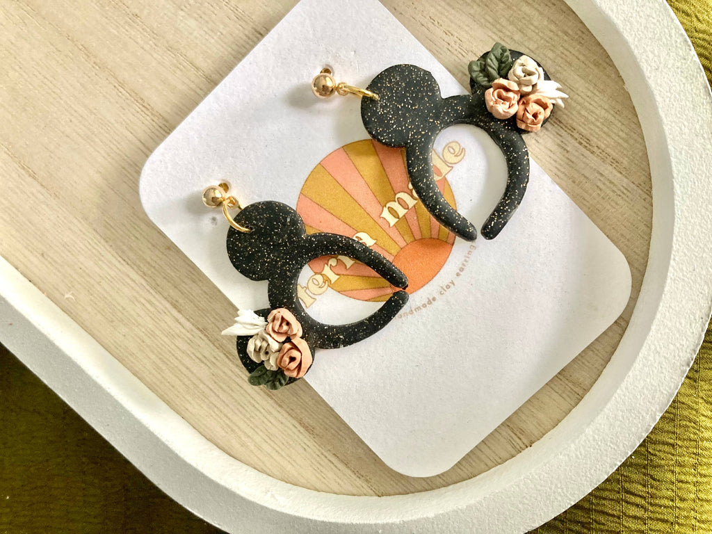 Glittery Black Floral Mickey Ears Dangle Earrings