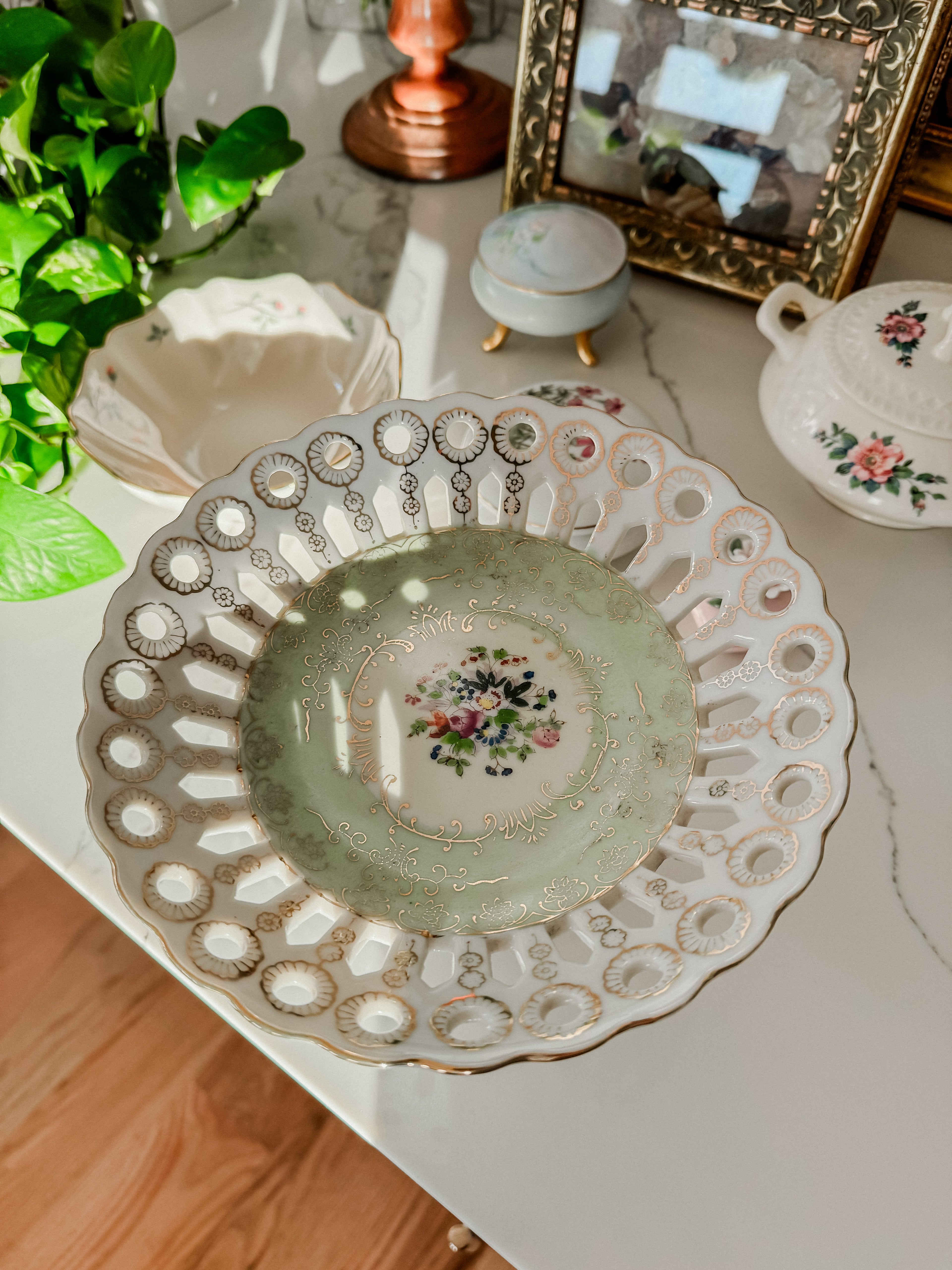 Vintage Hand Painted Pedestal Porcelain Bowl Dish