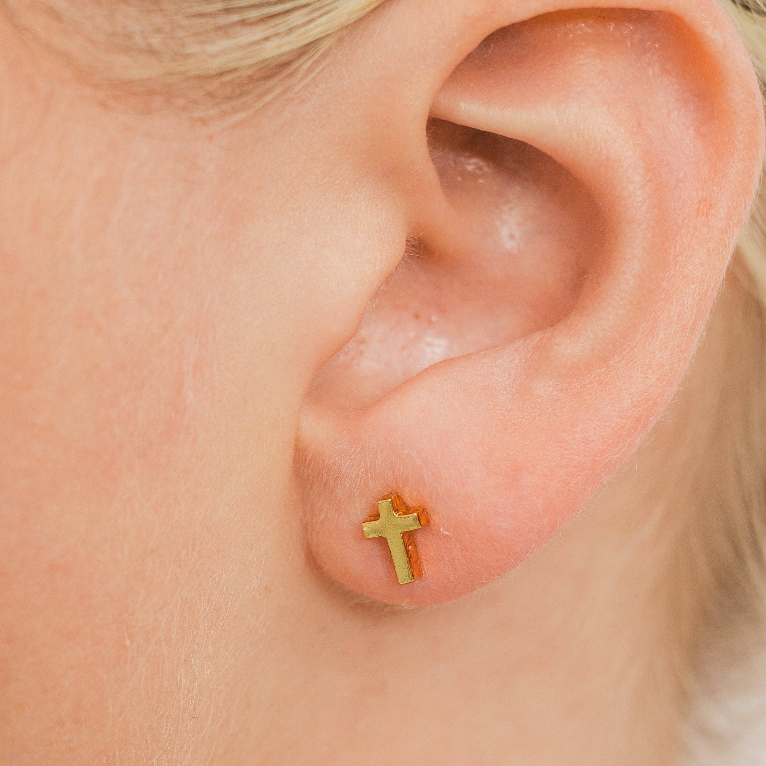 24K Gold Dainty Cross Studs