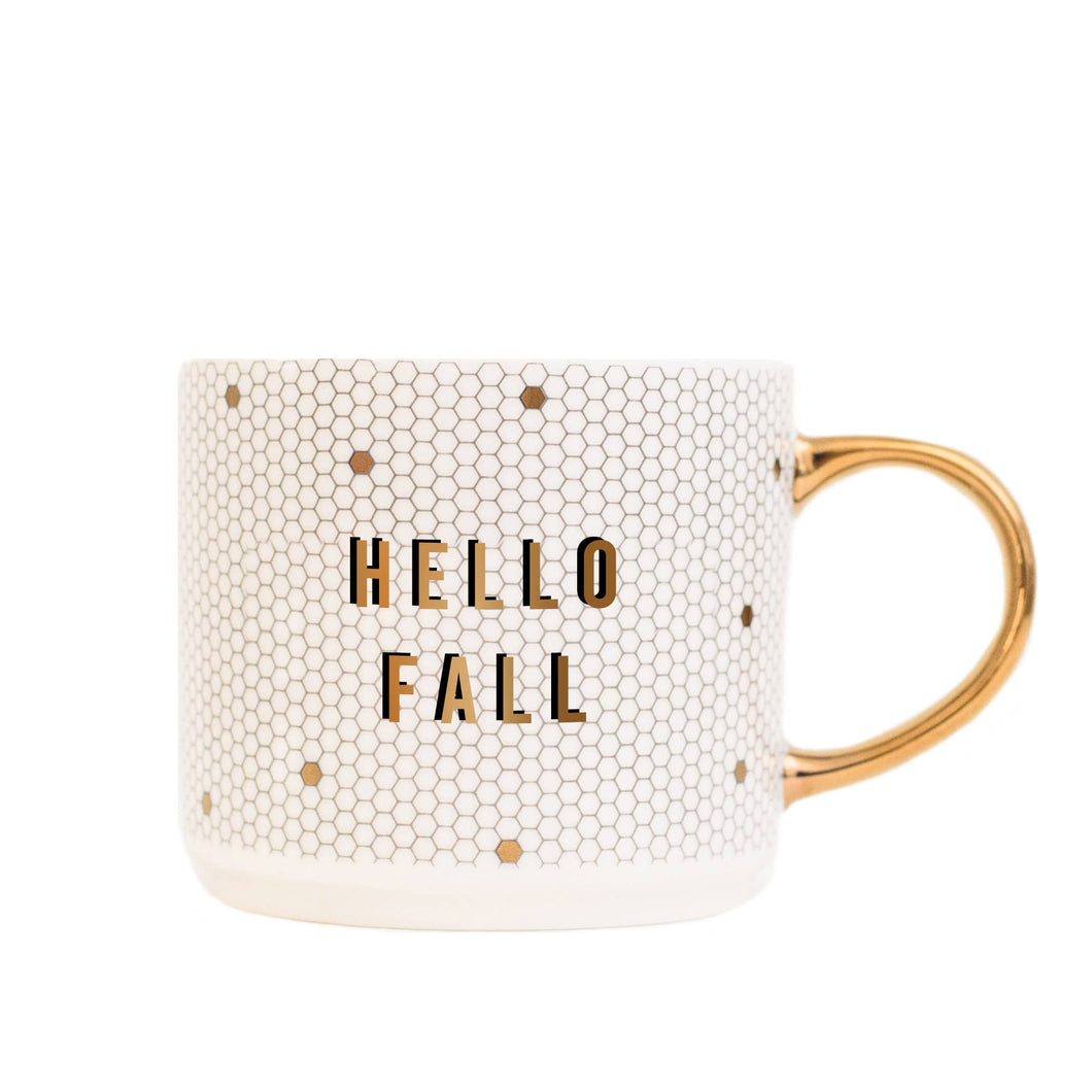 Hello Fall - Gold, White Honeycomb Tile Coffee Mug - 17 oz