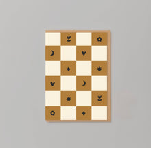 Load image into Gallery viewer, Ochre checkerboard notecard with hearts, flowers, moons
