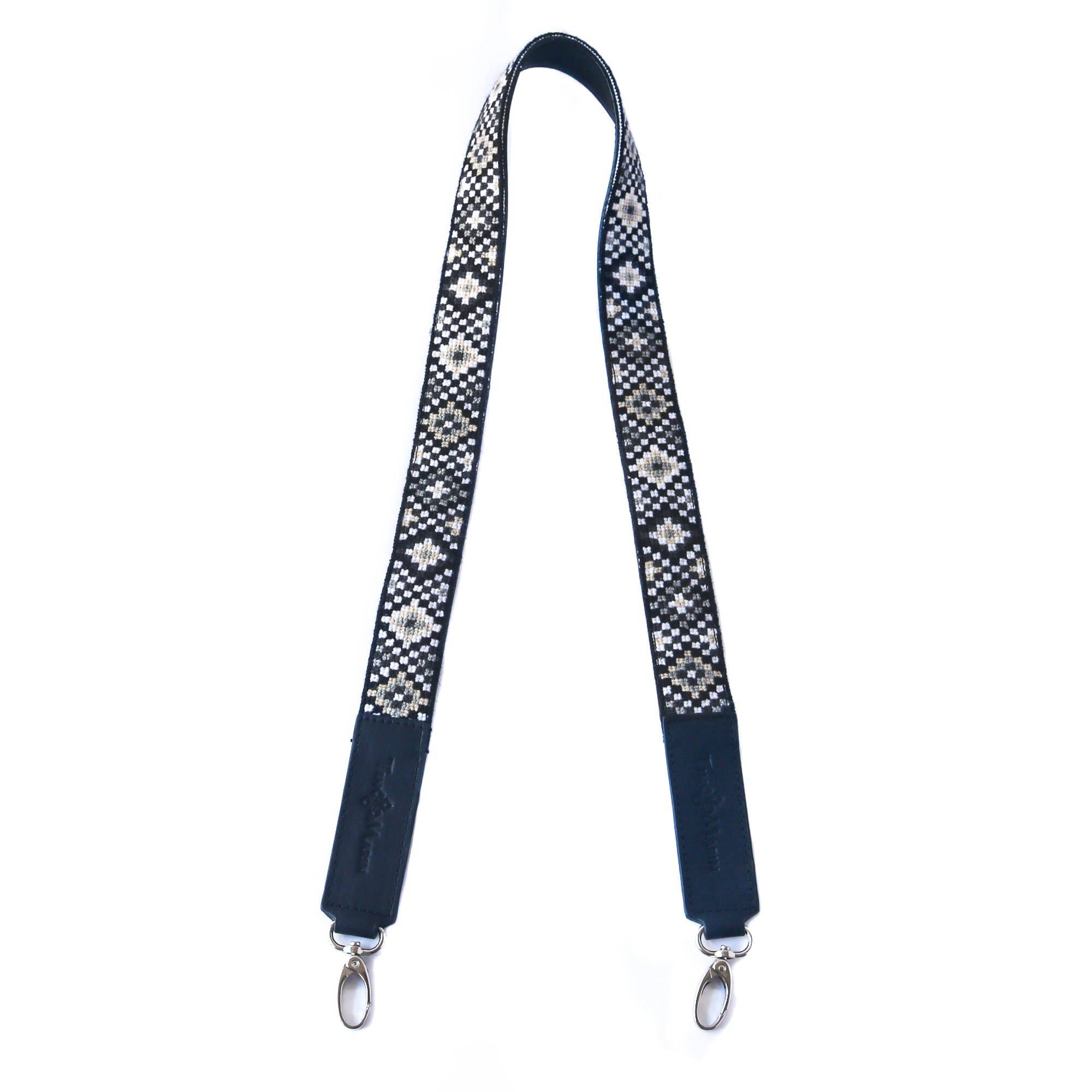 Mai Woven Bag Strap - Black & White with Black Leather