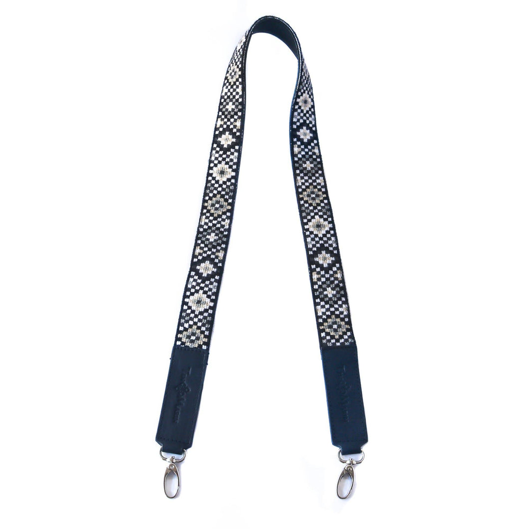 Mai Woven Bag Strap - Black & White with Black Leather