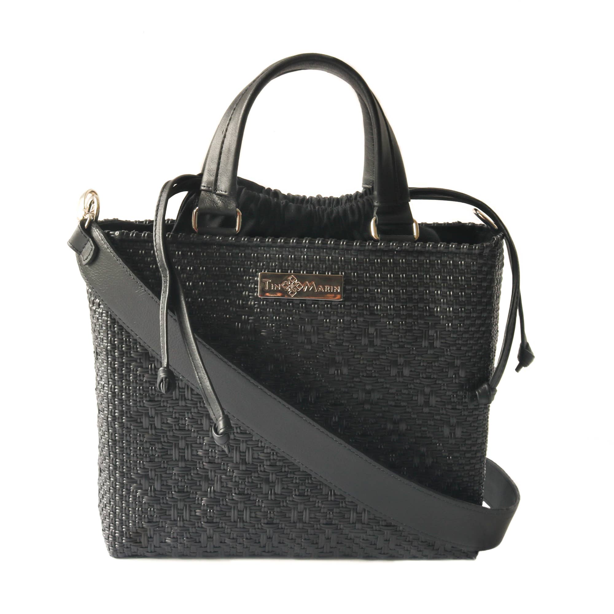 All Black Medium Woven Crossbody with Drawstring Bag