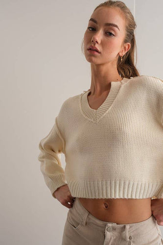 Cream V-Neck Sweater Top
